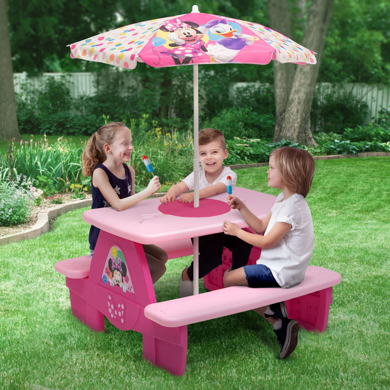 Delta Children Disney Minnie Mouse 4 Seat Activity Picnic Table With Umbrella And LEGO Compatible Tabletop By Delta Children Reviews Wayfair